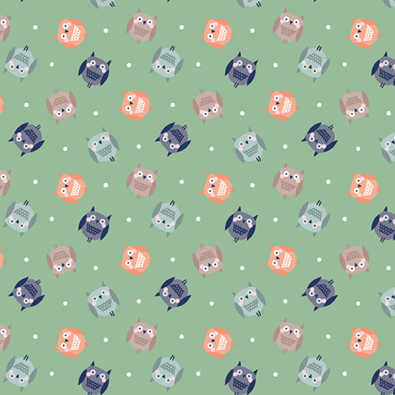 Cozy Forest, flannel, scattered owls on green