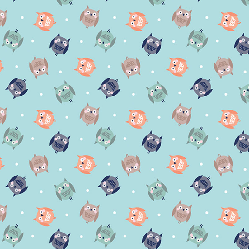 Cozy Forest, flannel, scattered owls on sky blue