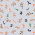 Cozy Forest, flannel, scattered animals on grey