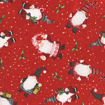 Snowy Gnomies, scattered gnomes on red