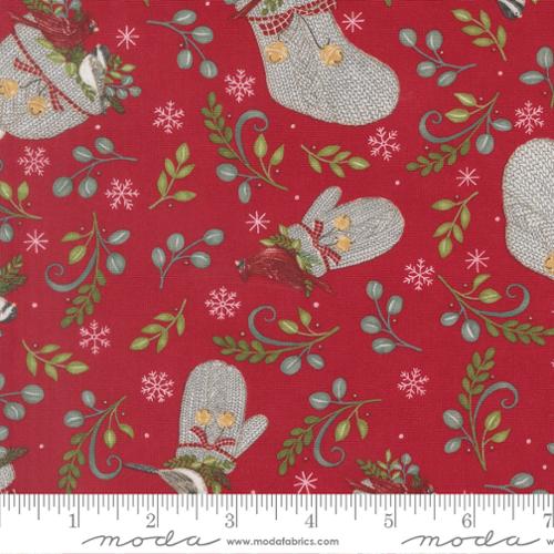 When Snow Falls, berry red with mittens and stockings