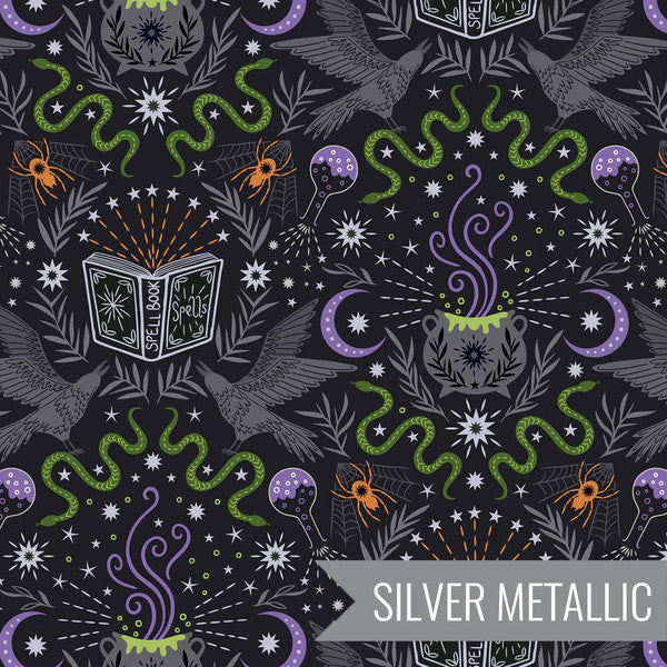 Cast A Spell, spells and potions on black, silver metallic