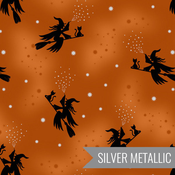 Cast A Spell, flying witches on orange, silver metallic