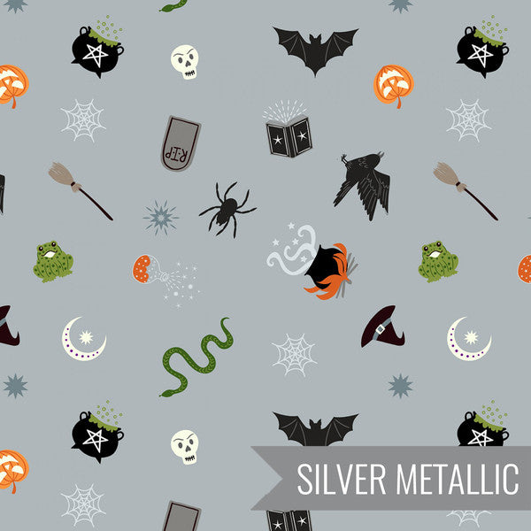 Cast A Spell, spooky halloween on grey, silver metallic