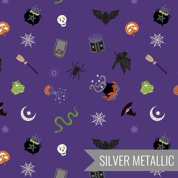 Cast A Spell, spooky halloween on purple, silver metallic
