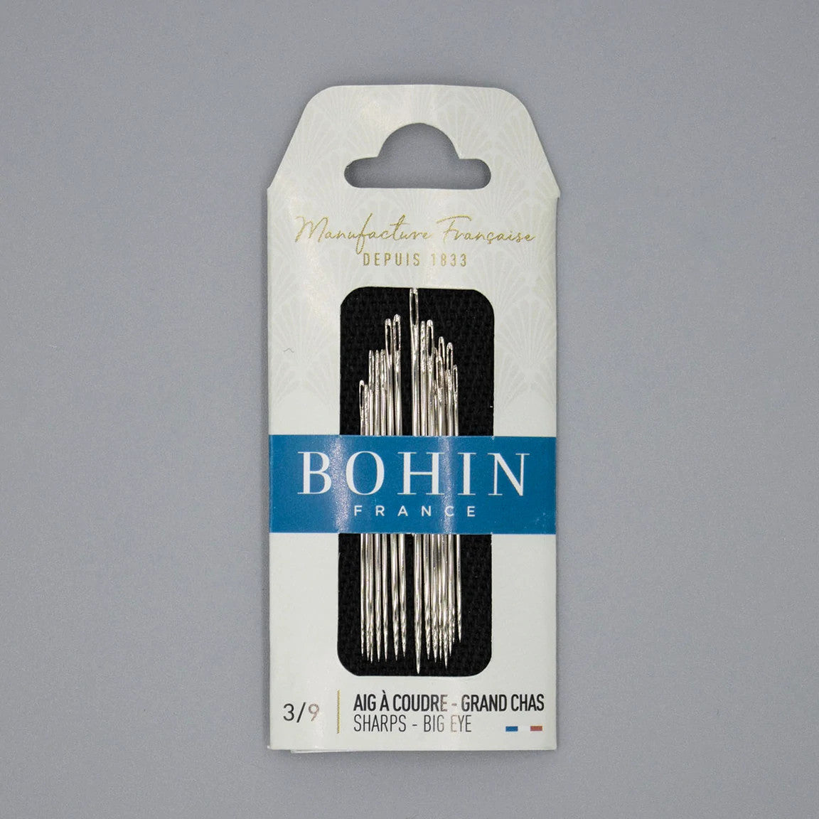 Bohin, Big Eye Sharps hand sewing Needles, sizes 3-9, 15 pack