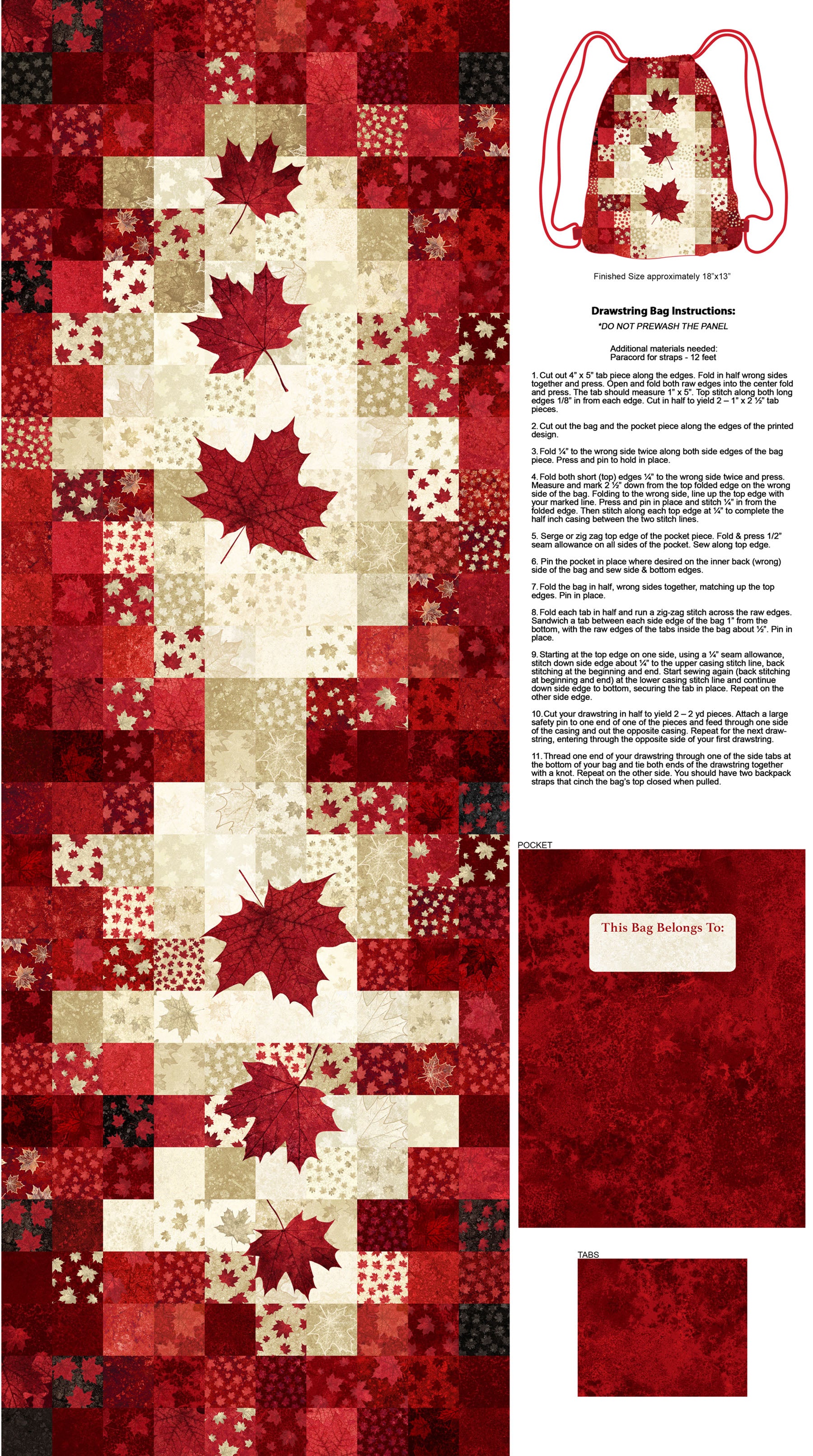 Stonehenge, Oh Canada 14, red cream with maple leaves, includes drawstring bag pattern