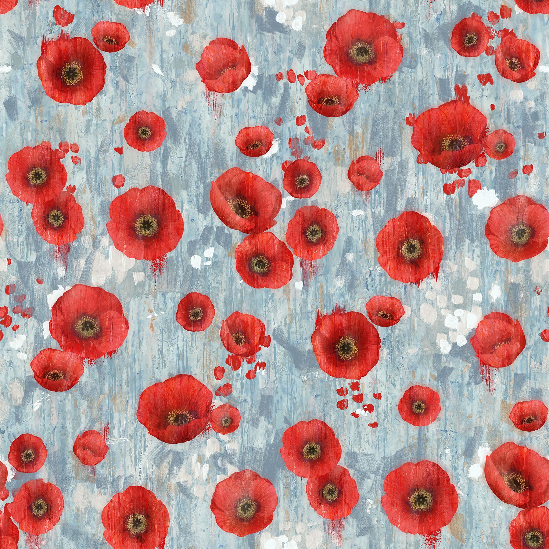 Poppy Meadow, blue multi with scattered poppies