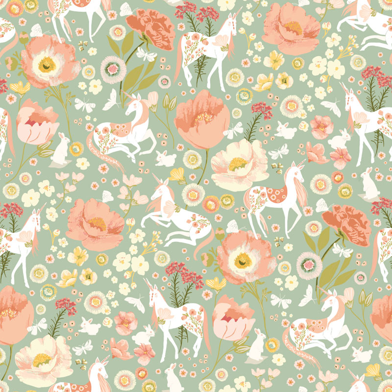 Unicorn Dreams, mint, scattered unicorns